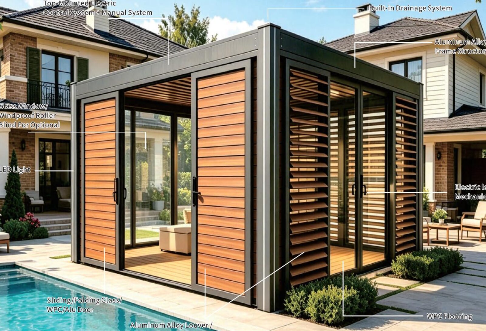 Pergola bioclimatica in alluminio con lame orientabili su bordo piscina